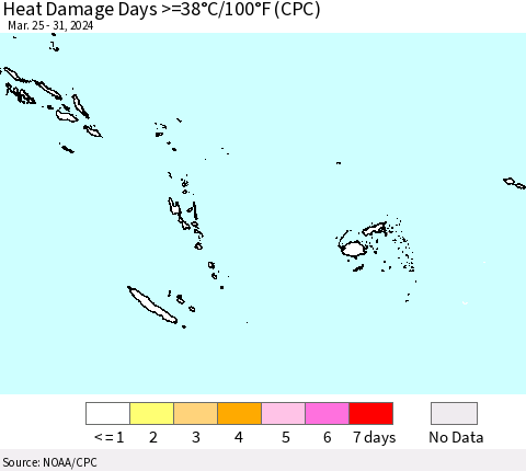 Fiji, Samoa, Solomon Isl. and Vanuatu Heat Damage Days >=38°C/100°F (CPC) Thematic Map For 3/25/2024 - 3/31/2024
