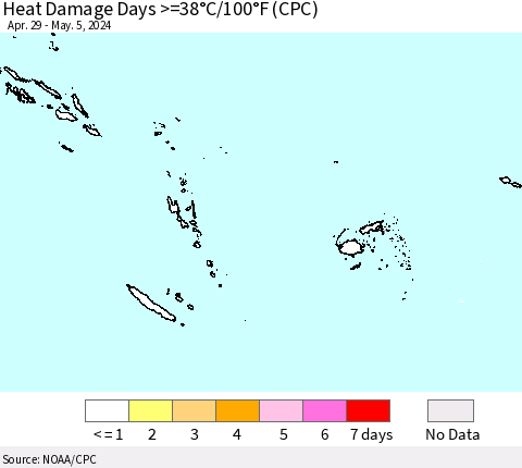 Fiji, Samoa, Solomon Isl. and Vanuatu Heat Damage Days >=38°C/100°F (CPC) Thematic Map For 4/29/2024 - 5/5/2024