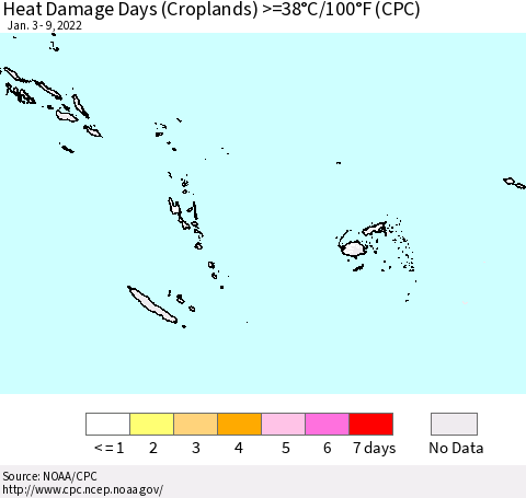 Fiji, Samoa, Solomon Isl. and Vanuatu Heat Damage Days (Croplands) >=38°C/100°F (CPC) Thematic Map For 1/3/2022 - 1/9/2022