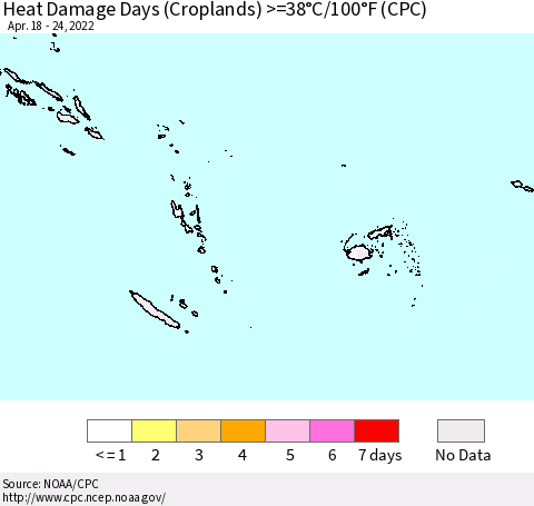 Fiji, Samoa, Solomon Isl. and Vanuatu Heat Damage Days (Croplands) >=38°C/100°F (CPC) Thematic Map For 4/18/2022 - 4/24/2022