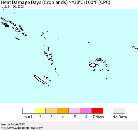 Fiji, Samoa, Solomon Isl. and Vanuatu Heat Damage Days (Croplands) >=38°C/100°F (CPC) Thematic Map For 7/24/2023 - 7/30/2023