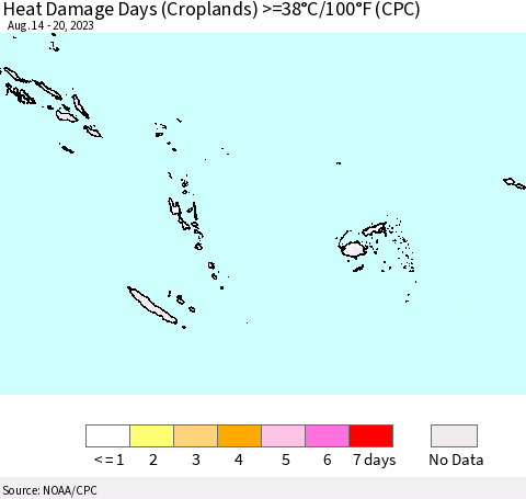 Fiji, Samoa, Solomon Isl. and Vanuatu Heat Damage Days (Croplands) >=38°C/100°F (CPC) Thematic Map For 8/14/2023 - 8/20/2023