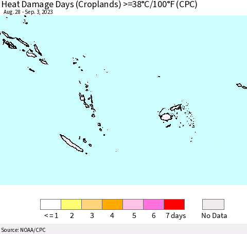 Fiji, Samoa, Solomon Isl. and Vanuatu Heat Damage Days (Croplands) >=38°C/100°F (CPC) Thematic Map For 8/28/2023 - 9/3/2023