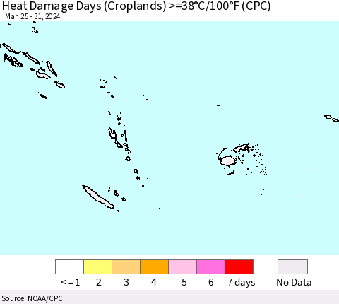 Fiji, Samoa, Solomon Isl. and Vanuatu Heat Damage Days (Croplands) >=38°C/100°F (CPC) Thematic Map For 3/25/2024 - 3/31/2024
