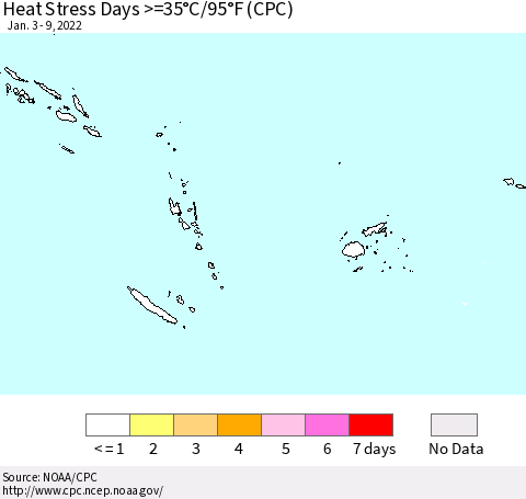 Fiji, Samoa, Solomon Isl. and Vanuatu Heat Stress Days >=35°C/95°F (CPC) Thematic Map For 1/3/2022 - 1/9/2022
