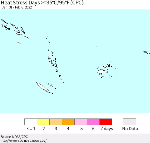 Fiji, Samoa, Solomon Isl. and Vanuatu Heat Stress Days >=35°C/95°F (CPC) Thematic Map For 1/31/2022 - 2/6/2022