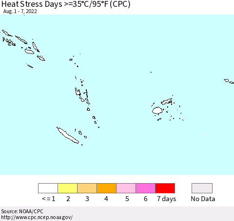 Fiji, Samoa, Solomon Isl. and Vanuatu Heat Stress Days >=35°C/95°F (CPC) Thematic Map For 8/1/2022 - 8/7/2022