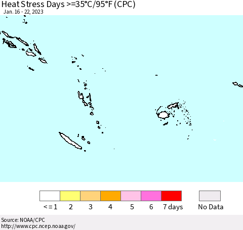 Fiji, Samoa, Solomon Isl. and Vanuatu Heat Stress Days >=35°C/95°F (CPC) Thematic Map For 1/16/2023 - 1/22/2023