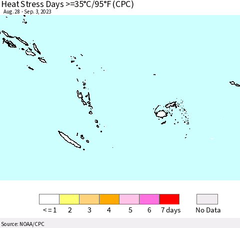 Fiji, Samoa, Solomon Isl. and Vanuatu Heat Stress Days >=35°C/95°F (CPC) Thematic Map For 8/28/2023 - 9/3/2023