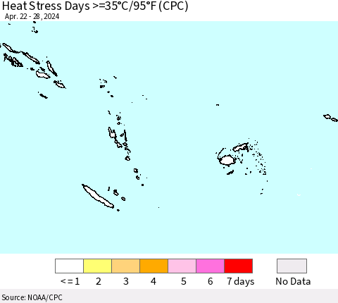 Fiji, Samoa, Solomon Isl. and Vanuatu Heat Stress Days >=35°C/95°F (CPC) Thematic Map For 4/22/2024 - 4/28/2024