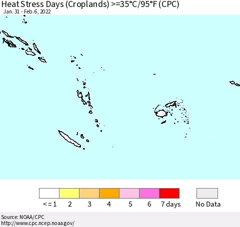 Fiji, Samoa, Solomon Isl. and Vanuatu Heat Stress Days (Croplands) >=35°C/95°F (CPC) Thematic Map For 1/31/2022 - 2/6/2022