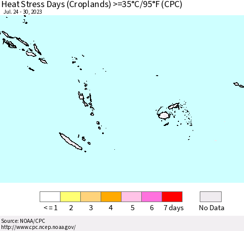Fiji, Samoa, Solomon Isl. and Vanuatu Heat Stress Days (Croplands) >=35°C/95°F (CPC) Thematic Map For 7/24/2023 - 7/30/2023