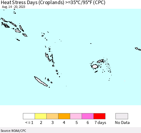 Fiji, Samoa, Solomon Isl. and Vanuatu Heat Stress Days (Croplands) >=35°C/95°F (CPC) Thematic Map For 8/14/2023 - 8/20/2023
