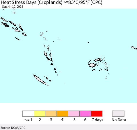 Fiji, Samoa, Solomon Isl. and Vanuatu Heat Stress Days (Croplands) >=35°C/95°F (CPC) Thematic Map For 9/4/2023 - 9/10/2023