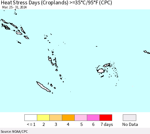 Fiji, Samoa, Solomon Isl. and Vanuatu Heat Stress Days (Croplands) >=35°C/95°F (CPC) Thematic Map For 3/25/2024 - 3/31/2024