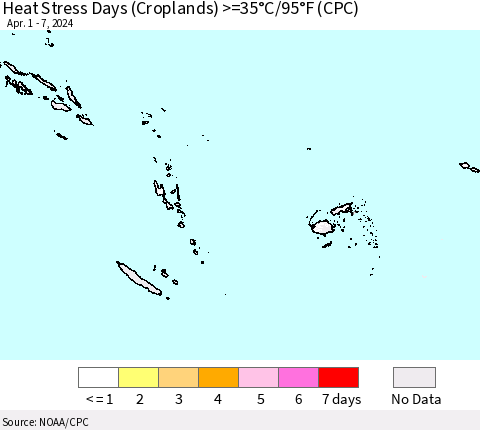 Fiji, Samoa, Solomon Isl. and Vanuatu Heat Stress Days (Croplands) >=35°C/95°F (CPC) Thematic Map For 4/1/2024 - 4/7/2024