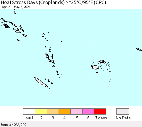 Fiji, Samoa, Solomon Isl. and Vanuatu Heat Stress Days (Croplands) >=35°C/95°F (CPC) Thematic Map For 4/29/2024 - 5/5/2024
