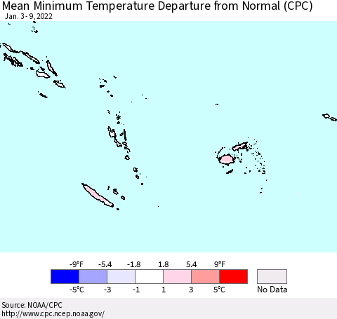 Fiji, Samoa, Solomon Isl. and Vanuatu Mean Minimum Temperature Departure from Normal (CPC) Thematic Map For 1/3/2022 - 1/9/2022