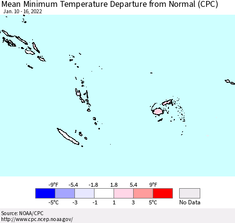 Fiji, Samoa, Solomon Isl. and Vanuatu Mean Minimum Temperature Departure from Normal (CPC) Thematic Map For 1/10/2022 - 1/16/2022