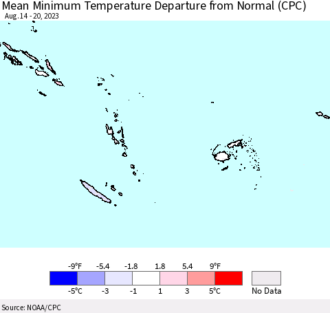 Fiji, Samoa, Solomon Isl. and Vanuatu Mean Minimum Temperature Departure from Normal (CPC) Thematic Map For 8/14/2023 - 8/20/2023