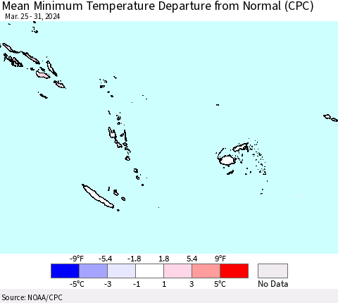 Fiji, Samoa, Solomon Isl. and Vanuatu Mean Minimum Temperature Departure from Normal (CPC) Thematic Map For 3/25/2024 - 3/31/2024