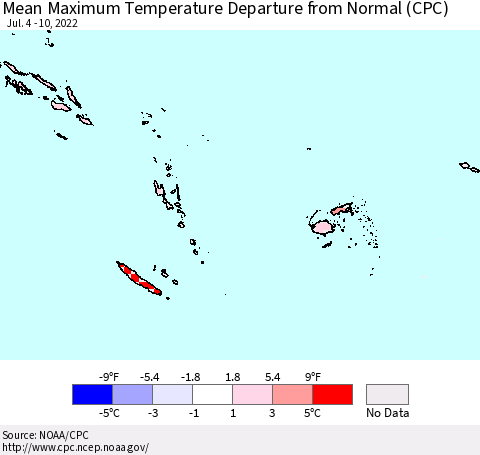 Fiji, Samoa, Solomon Isl. and Vanuatu Mean Maximum Temperature Departure from Normal (CPC) Thematic Map For 7/4/2022 - 7/10/2022