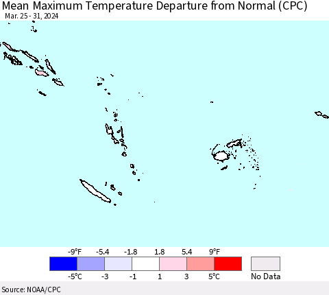 Fiji, Samoa, Solomon Isl. and Vanuatu Mean Maximum Temperature Departure from Normal (CPC) Thematic Map For 3/25/2024 - 3/31/2024
