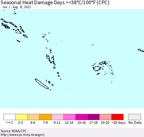 Fiji, Samoa, Solomon Isl. and Vanuatu Seasonal Heat Damage Days >=38°C/100°F (CPC) Thematic Map For 1/1/2022 - 8/31/2022