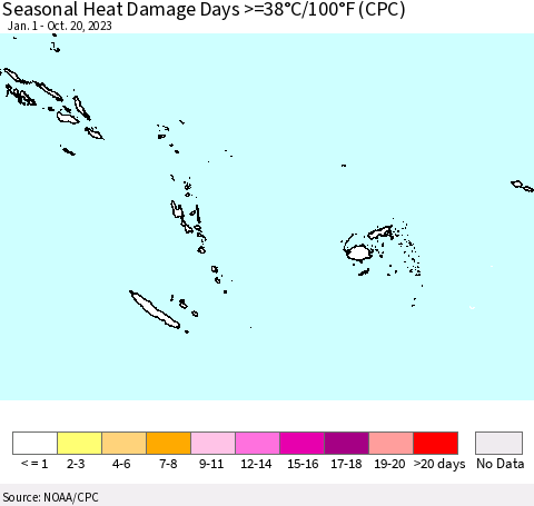 Fiji, Samoa, Solomon Isl. and Vanuatu Seasonal Heat Damage Days >=38°C/100°F (CPC) Thematic Map For 1/1/2023 - 10/20/2023