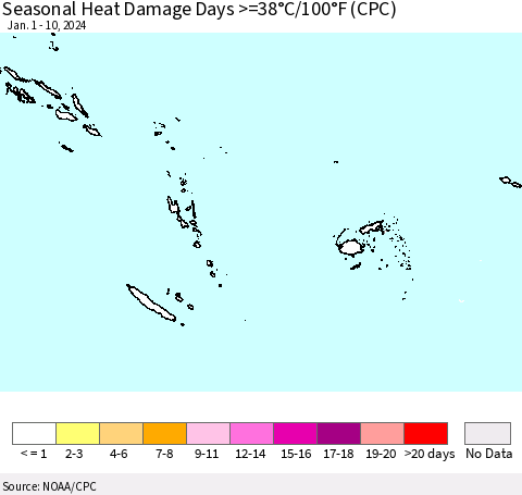 Fiji, Samoa, Solomon Isl. and Vanuatu Seasonal Heat Damage Days >=38°C/100°F (CPC) Thematic Map For 1/1/2024 - 1/10/2024