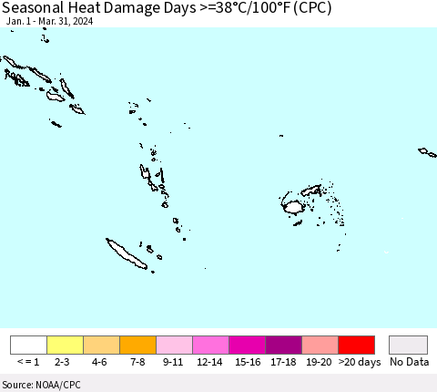 Fiji, Samoa, Solomon Isl. and Vanuatu Seasonal Heat Damage Days >=38°C/100°F (CPC) Thematic Map For 1/1/2024 - 3/31/2024