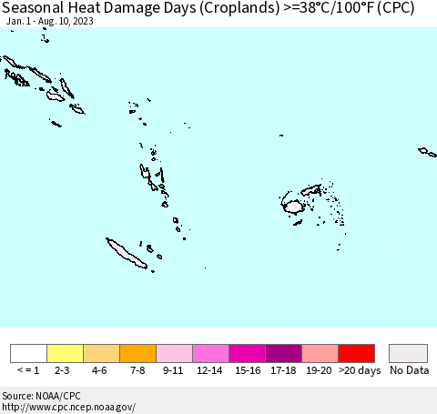 Fiji, Samoa, Solomon Isl. and Vanuatu Seasonal Heat Damage Days (Croplands) >=38°C/100°F (CPC) Thematic Map For 1/1/2023 - 8/10/2023