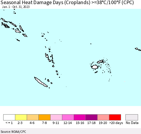 Fiji, Samoa, Solomon Isl. and Vanuatu Seasonal Heat Damage Days (Croplands) >=38°C/100°F (CPC) Thematic Map For 1/1/2023 - 10/31/2023