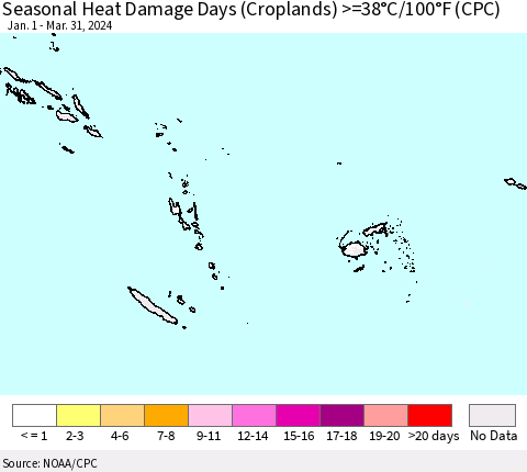 Fiji, Samoa, Solomon Isl. and Vanuatu Seasonal Heat Damage Days (Croplands) >=38°C/100°F (CPC) Thematic Map For 1/1/2024 - 3/31/2024