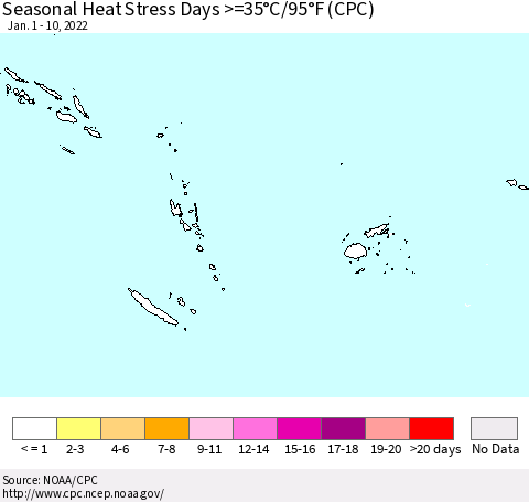 Fiji, Samoa, Solomon Isl. and Vanuatu Seasonal Heat Stress Days >=35°C/95°F (CPC) Thematic Map For 1/1/2022 - 1/10/2022