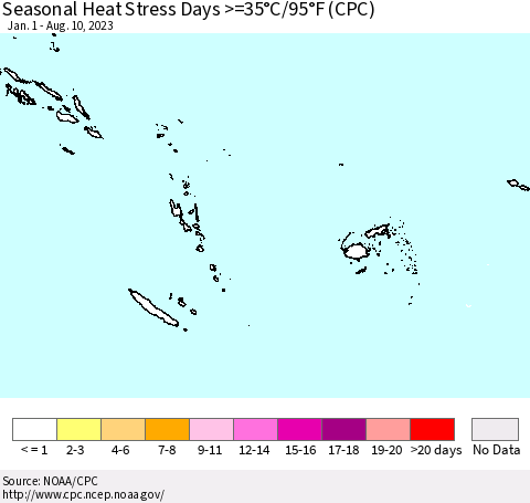 Fiji, Samoa, Solomon Isl. and Vanuatu Seasonal Heat Stress Days >=35°C/95°F (CPC) Thematic Map For 1/1/2023 - 8/10/2023
