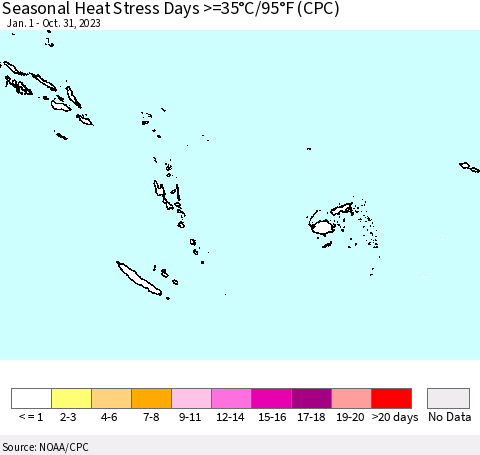 Fiji, Samoa, Solomon Isl. and Vanuatu Seasonal Heat Stress Days >=35°C/95°F (CPC) Thematic Map For 1/1/2023 - 10/31/2023