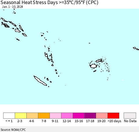 Fiji, Samoa, Solomon Isl. and Vanuatu Seasonal Heat Stress Days >=35°C/95°F (CPC) Thematic Map For 1/1/2024 - 1/10/2024