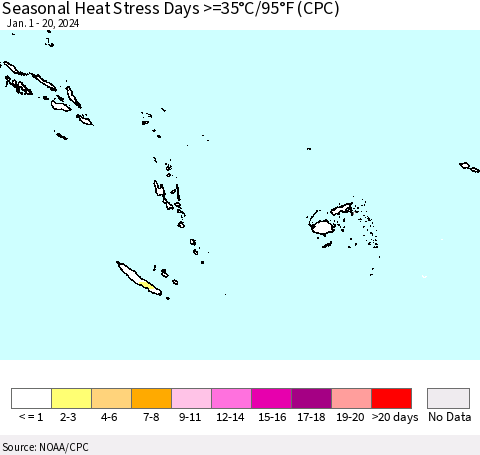 Fiji, Samoa, Solomon Isl. and Vanuatu Seasonal Heat Stress Days >=35°C/95°F (CPC) Thematic Map For 1/1/2024 - 1/20/2024