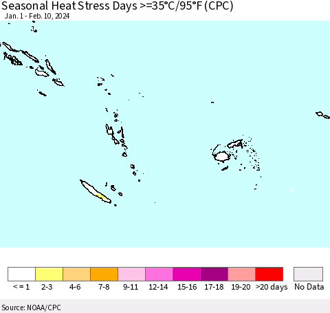 Fiji, Samoa, Solomon Isl. and Vanuatu Seasonal Heat Stress Days >=35°C/95°F (CPC) Thematic Map For 1/1/2024 - 2/10/2024