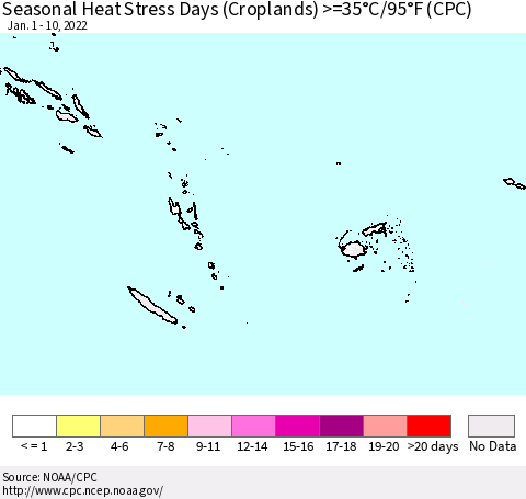 Fiji, Samoa, Solomon Isl. and Vanuatu Seasonal Heat Stress Days (Croplands) >=35°C/95°F (CPC) Thematic Map For 1/1/2022 - 1/10/2022