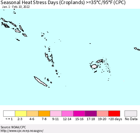 Fiji, Samoa, Solomon Isl. and Vanuatu Seasonal Heat Stress Days (Croplands) >=35°C/95°F (CPC) Thematic Map For 1/1/2022 - 2/10/2022