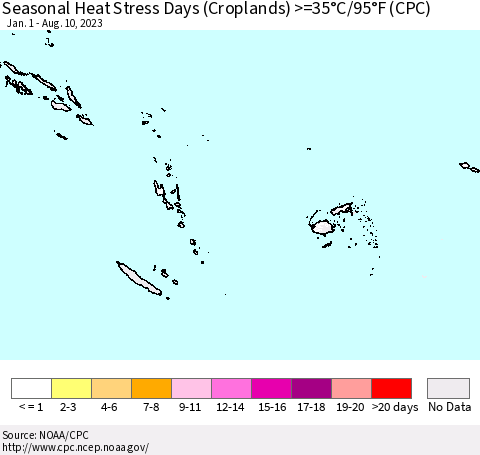 Fiji, Samoa, Solomon Isl. and Vanuatu Seasonal Heat Stress Days (Croplands) >=35°C/95°F (CPC) Thematic Map For 1/1/2023 - 8/10/2023