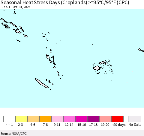 Fiji, Samoa, Solomon Isl. and Vanuatu Seasonal Heat Stress Days (Croplands) >=35°C/95°F (CPC) Thematic Map For 1/1/2023 - 10/31/2023