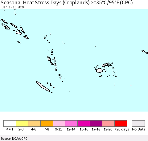 Fiji, Samoa, Solomon Isl. and Vanuatu Seasonal Heat Stress Days (Croplands) >=35°C/95°F (CPC) Thematic Map For 1/1/2024 - 1/10/2024