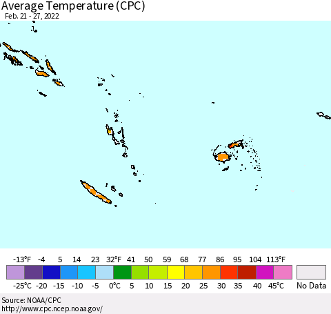 Fiji, Samoa, Solomon Isl. and Vanuatu Average Temperature (CPC) Thematic Map For 2/21/2022 - 2/27/2022