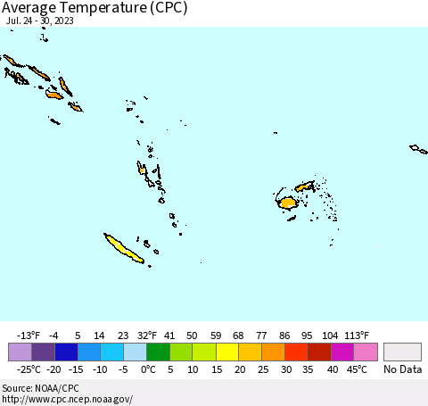 Fiji, Samoa, Solomon Isl. and Vanuatu Average Temperature (CPC) Thematic Map For 7/24/2023 - 7/30/2023
