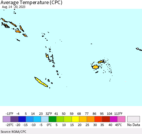 Fiji, Samoa, Solomon Isl. and Vanuatu Average Temperature (CPC) Thematic Map For 8/14/2023 - 8/20/2023