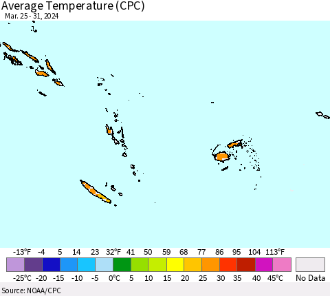 Fiji, Samoa, Solomon Isl. and Vanuatu Average Temperature (CPC) Thematic Map For 3/25/2024 - 3/31/2024