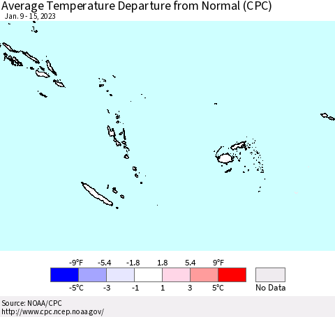 Fiji, Samoa, Solomon Isl. and Vanuatu Average Temperature Departure from Normal (CPC) Thematic Map For 1/9/2023 - 1/15/2023